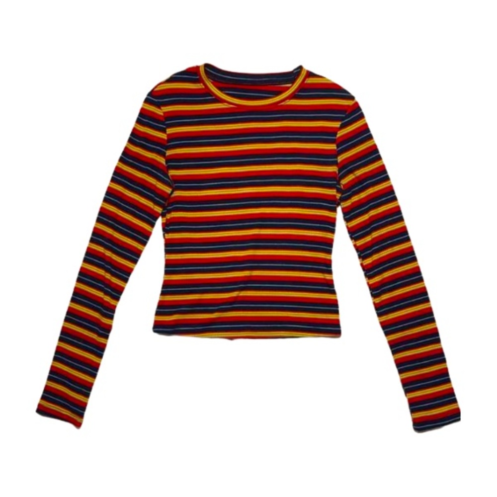 striped red, blue, & yellow long sleeve sweater (S)